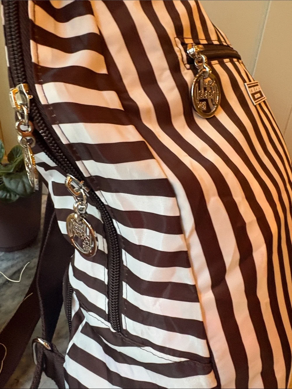 Henri Bendel  brown and White Striped Backpack